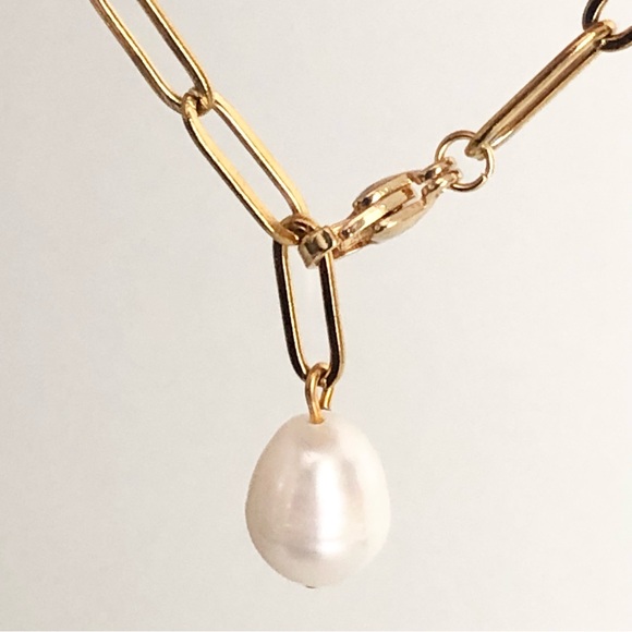 New 18k Gold Plated Paperclip Chain Freshwater Pearl Bracelet Boyfriend Clasp - Picture 7 of 9